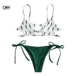 Osunlin 2019 для женщин летние сексуальное обтягивающее платье с открытой спиной бикини с принтом кактуса из двух частей пляжные купальники для