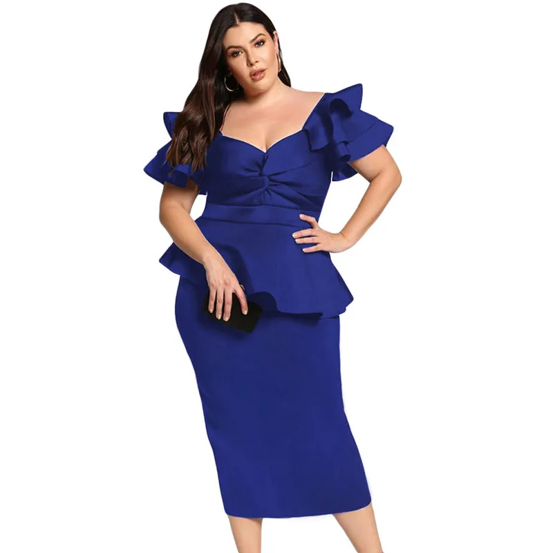 

2019 Women Sweatheart Neck Twist Front Plus Size Peplum Dress Ruffles Trim Petal Sleeves Solid Formal Ol Dress