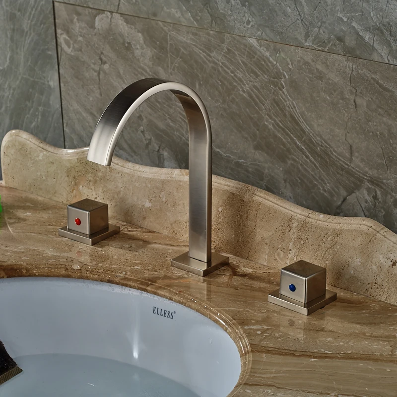 Double Square Handles Bathroom Mixer Faucet Brushed Nickel Waterfall Washbasin Water Taps