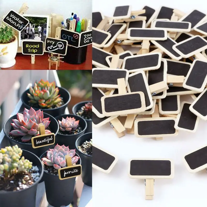 50 Mini Wood Blackboard Message Slate Rectangle Clip Panel Card Memos Label