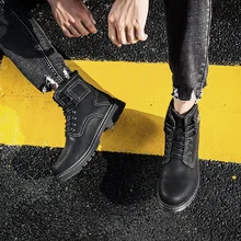 Модные однотонные мужские ботинки для отдыха, байкерские ботинки с круглым носком на среднем каблуке в стиле панк, осенне-зимняя Уличная обувь на шнуровке