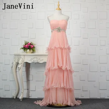 

JaneVini 2018 Elegant Pink Tiered Long Bridesmaids Dresses Beaded Strapless Chiffon Party Gowns for Wedding Party Prom Gowns