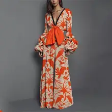Women Boho Flower Print Bow Tie Jumpsuit Causal V Neck Polyester Wide Leg Romper Elegant Flare Sleeve Jumpsuit One Pieces mock neck tie open back flare leg jumpsuit