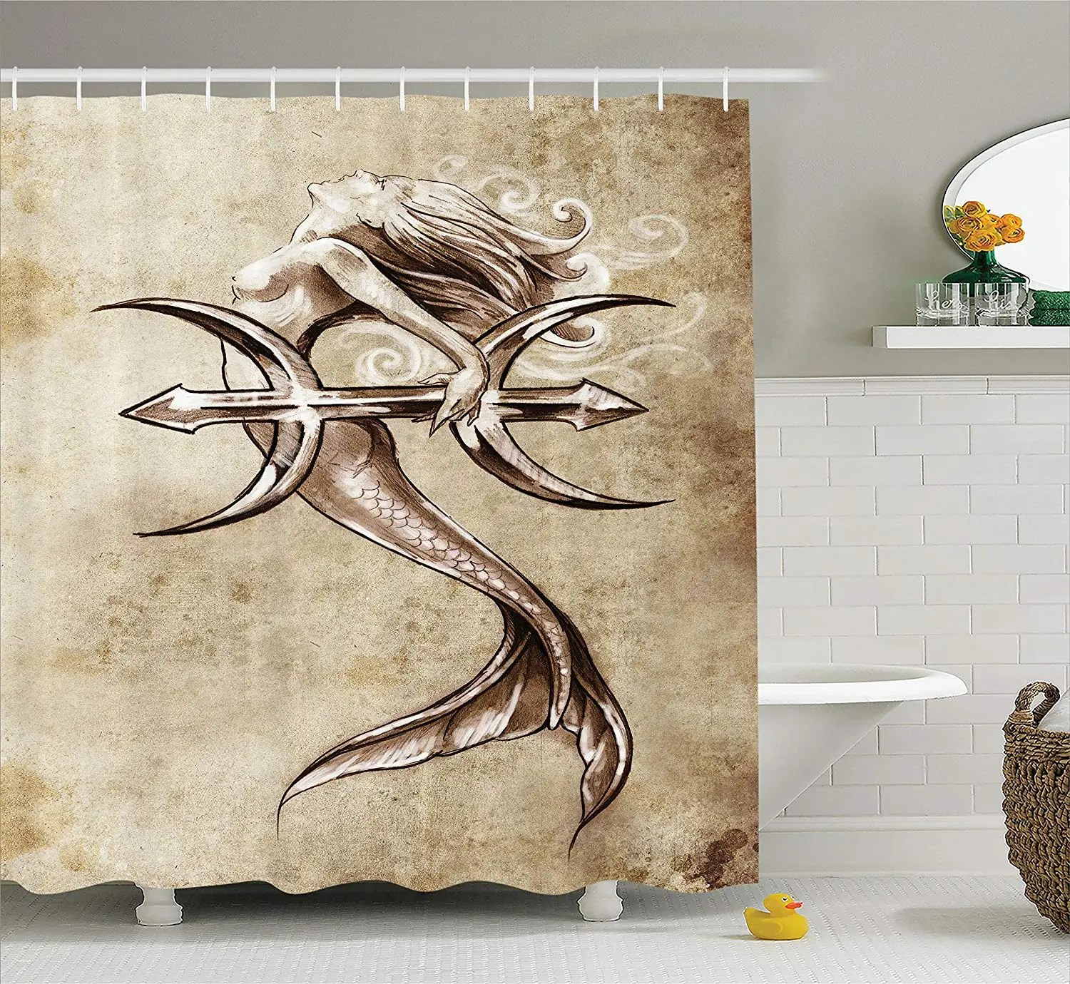 

Mermaid Shower Curtain Set Vintage Style Mermaid Sea an Anchor Mythical Aquatic Creature Graphic Art Bathroom Accessories Beige