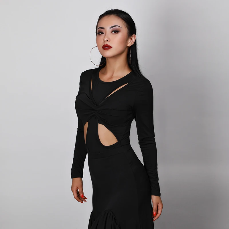 

Fashion Latin Dance Top Women Black Hollow Samba Cha Cha Rumba Practice Dancing Clothes Long Sleeve Ballroom Dancewear DC1297