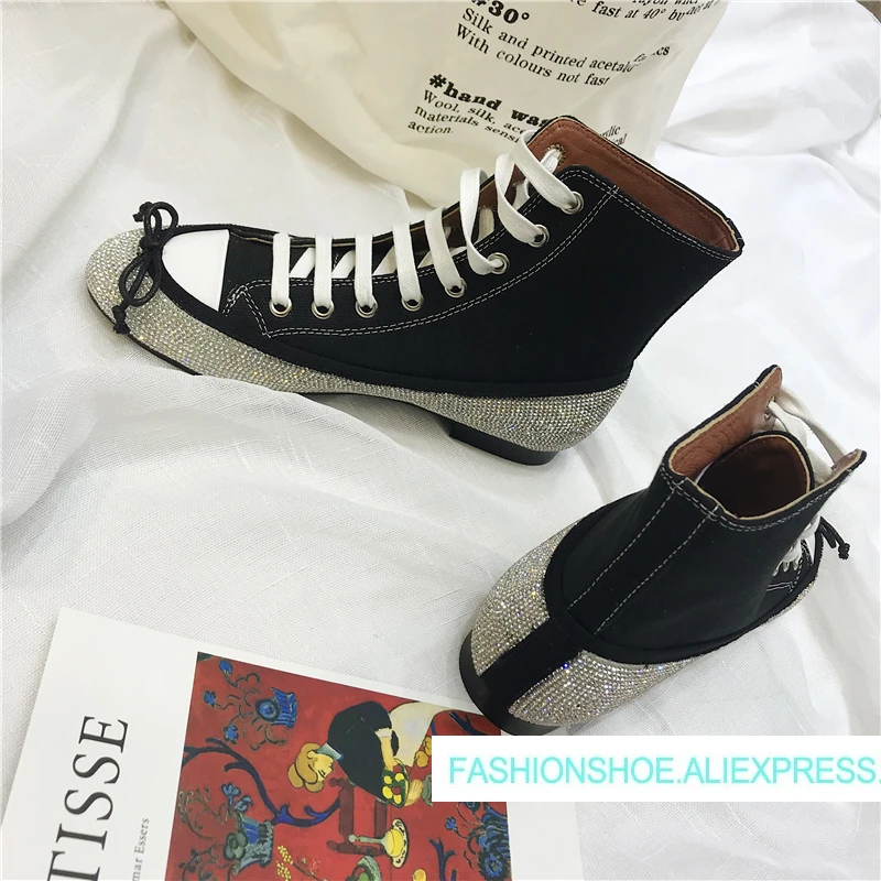 

2018 Autumn Winter Shoes Woman Ankle Boots Crystal Bow-knot Lace Up Boots Designer Denim Canvas Sweet Woman Casual Flat Boots