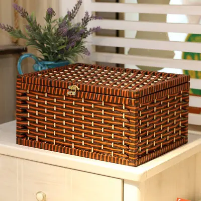 Деревенская плетеная корзина, бумажная коробка для хранения с крышкой, ручная работа, для организации дома и хранения, вязаные настольные плетеные корзины - Цвет: brown red strip