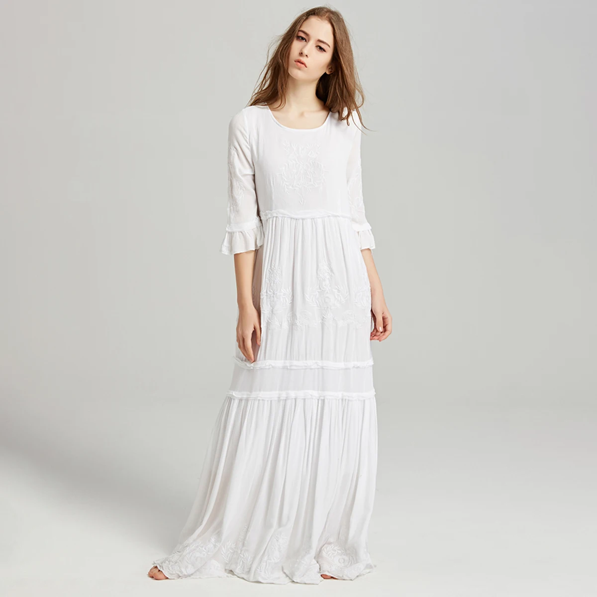 Robe Blanc Bohème Broderie Chic 2019 Élégant Noir Flare Maxi blanc Boho Plage Manches Femmes