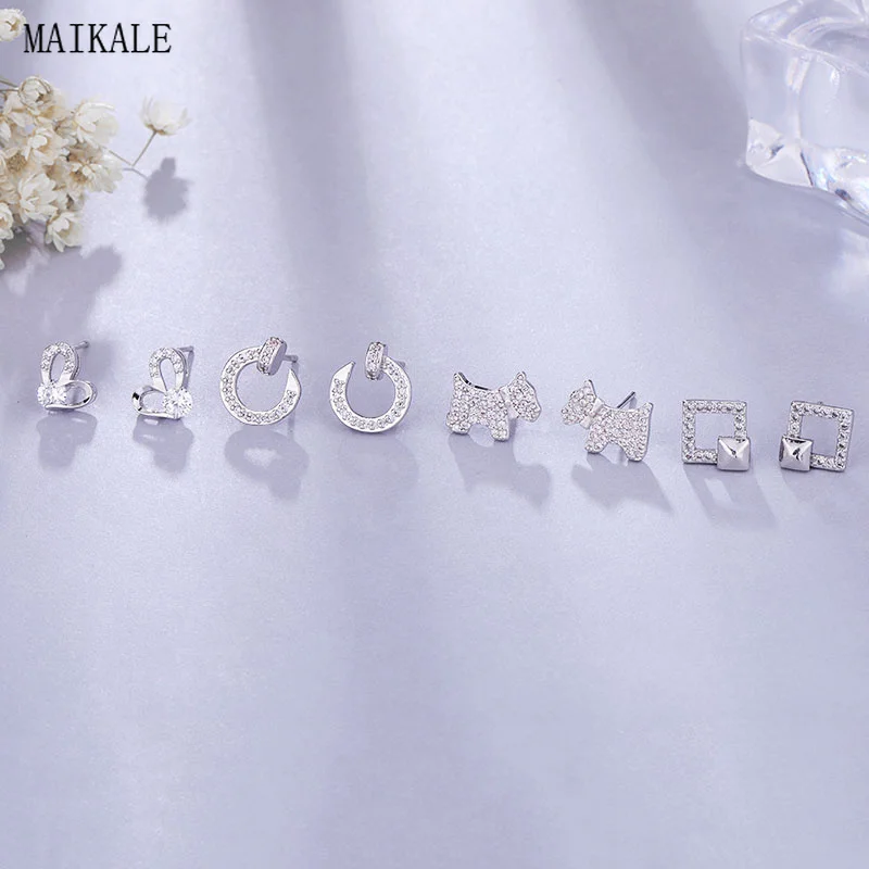 

MAIKALE Charm Heart Dog Stud Earrings Round Cubic Zirconia Copper Silver Small Earings for Women Korean Earring New Fashion Gift