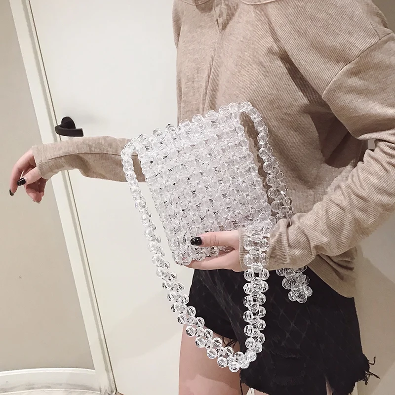 

Crystal Pearl Messenger Bags Women's Handbag Acrylic Beads Shoulder Crossbody Bags Handmade Knitting Purses Cell Phone Pocket