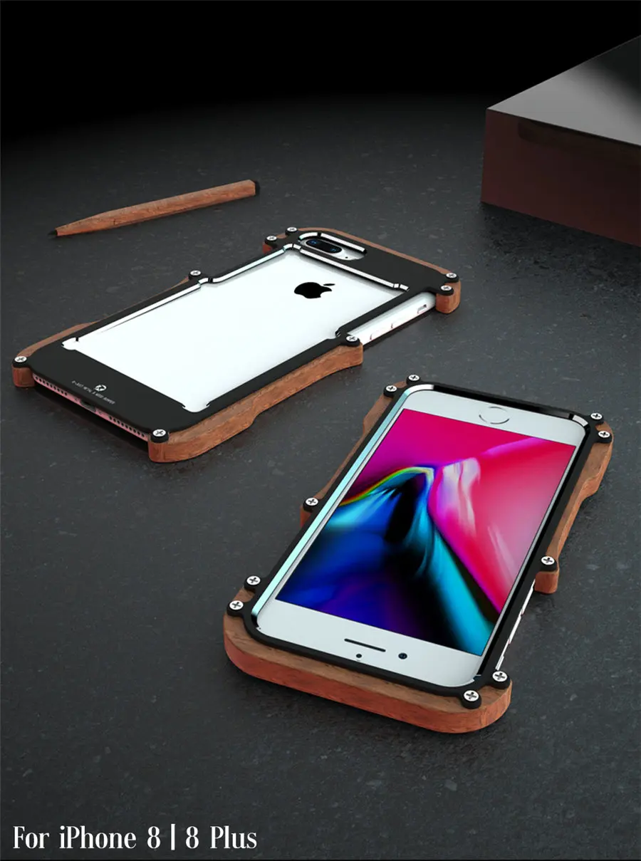 R-just Wood Case For iPhone 8 7 Plus Shockproof Case Metal Frame Bumper Cover For iPhone 8 Plus Case Aluminum Shell (13)