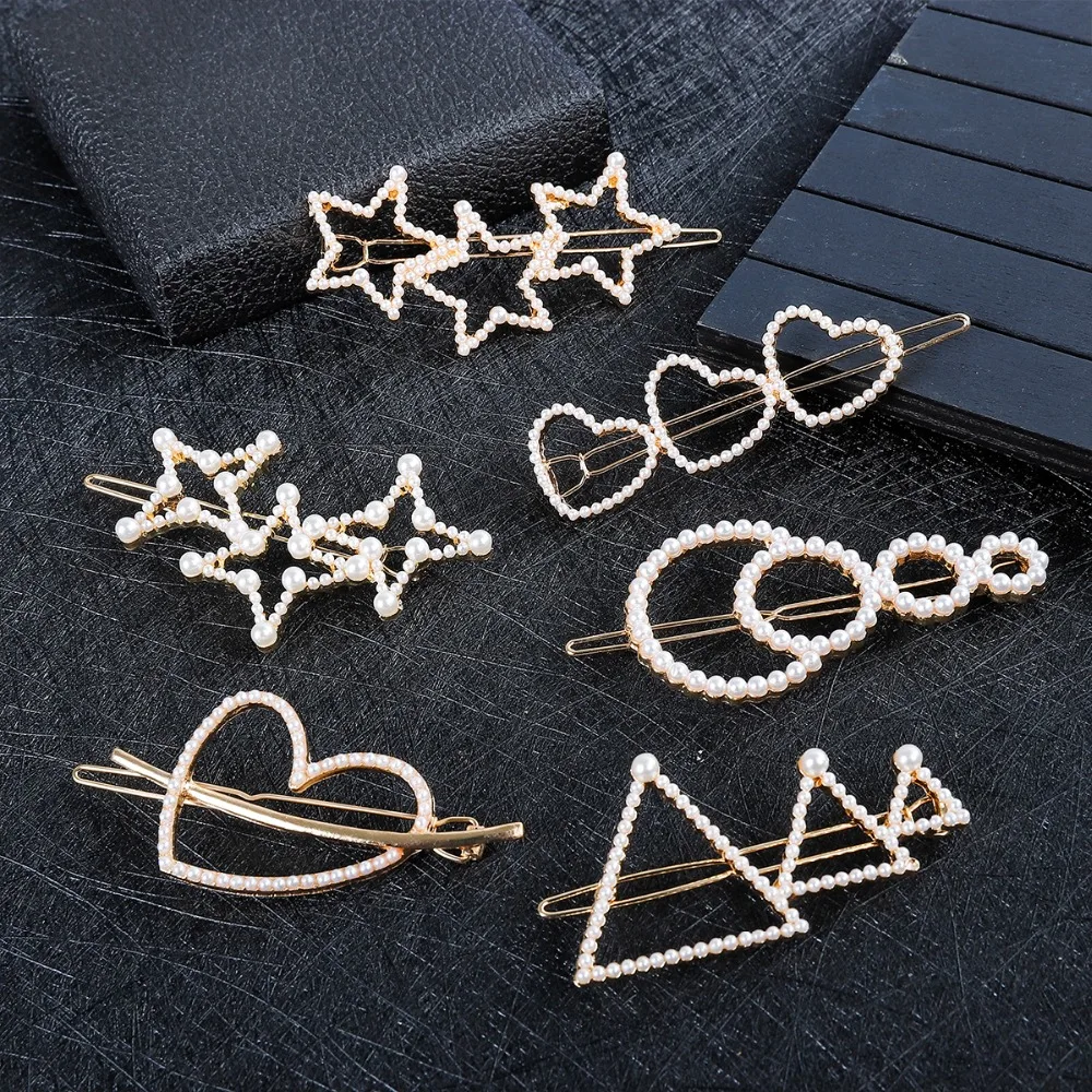 

Korea Imitation Pearl Heart Star Hairpins Women Fashion LOVE KISS Letter Barrette Gold Color Hair Clips Hair Styling Accessories