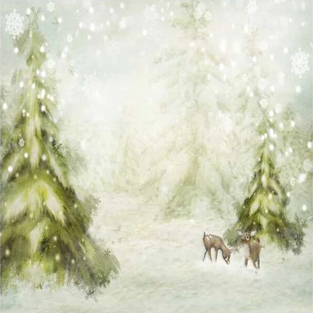 

Falling Snowflakes Winter Backdrop Printed Deer Oil Painting Green Pine Trees Newborn Baby Shower Props Kids Photo Backgrounds