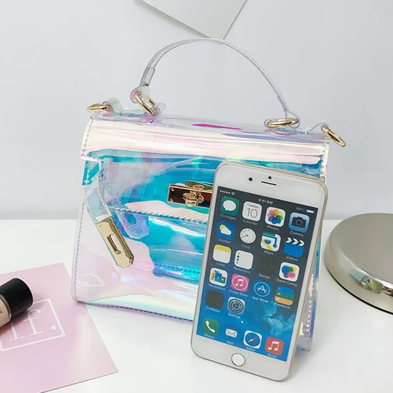 Women Plastic Messenger Handbag Transparent Laser Handbag Clutch Shoulder Crossbody Bag Chain Bag Clear Bag Evening Purse PP-877
