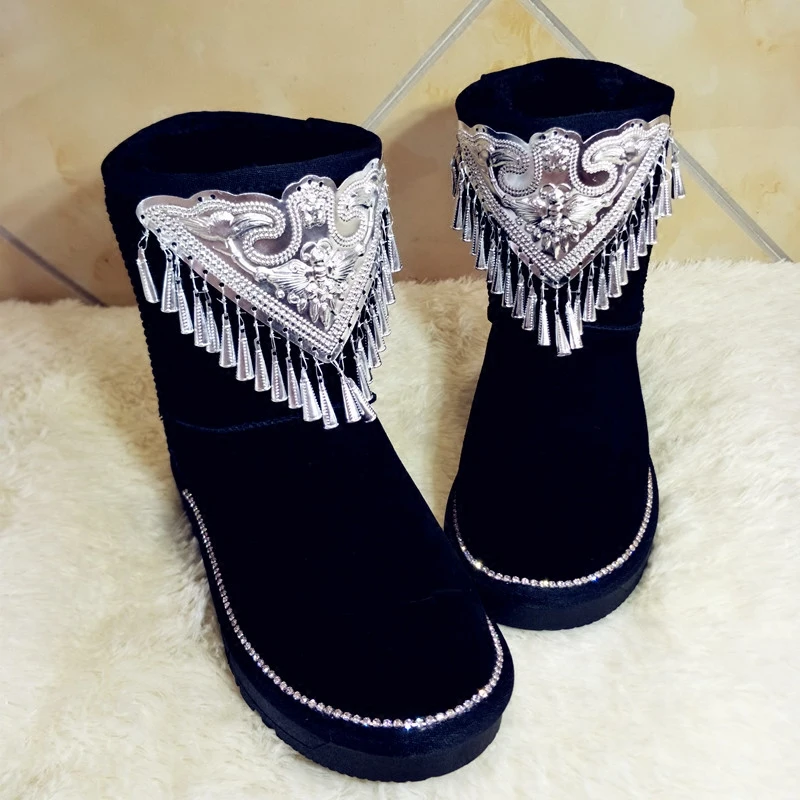 Strass A Hiver Pour Éoliens Main Cm Femmes À Glands Neige Sauvage Chaud Personnalisé Augmenté De Carillons Noir 6 Totem Bottes La Bq6qf