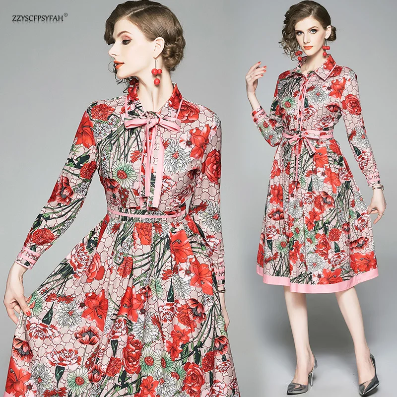 

ZW9118 Reality spot European station new print dress fashion vintage long sleeves medium dress