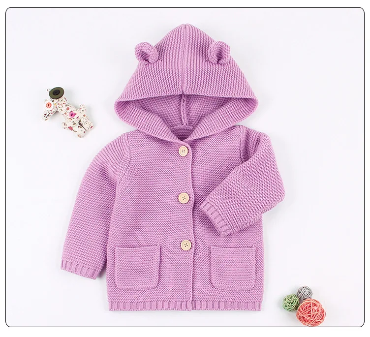 Детский свитер; кардиган с ушками для маленьких девочек; вязаные куртки с капюшоном для новорожденных мальчиков; Весенняя Детская куртка; пальто с капюшоном; свитера для девочек