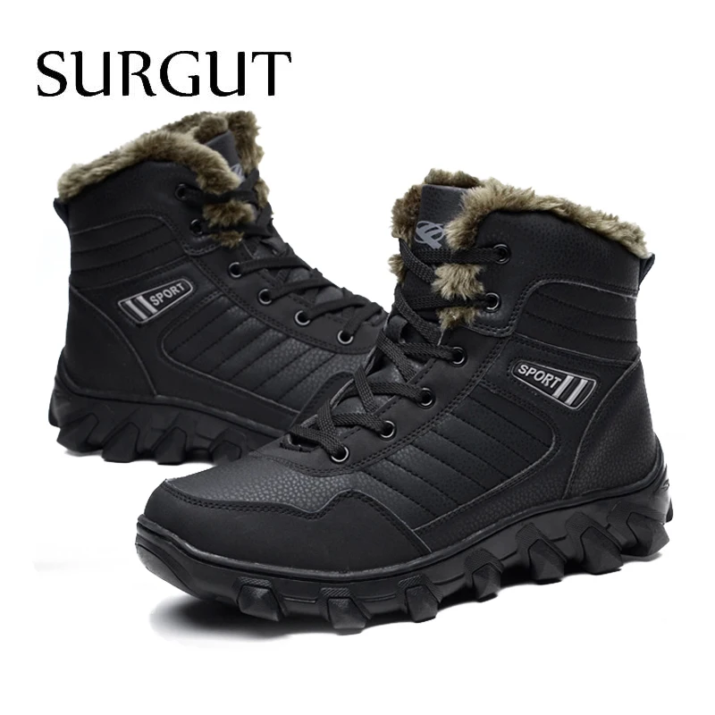Online SURGUT Brand Autumn Winter Warm Fur Men Comfortable Working Shoes High Top Snow Boots Genuine Leather Sneakers Big Size 39~48