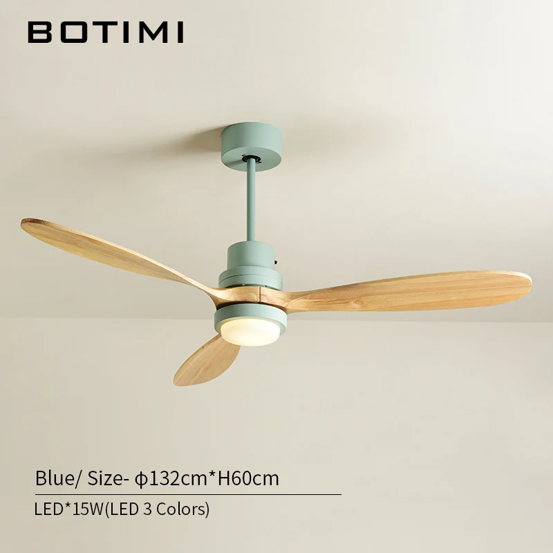 Blue Base BOTIMI скандинавский деревянный 52 дюймов светодиодный потолочный вентилятор для гостиной современный пульт дистанционного охлаждения потолочные вентиляторы Домашнее освещение вентилятор лампы светильники - Цвет лезвия: Blue Base