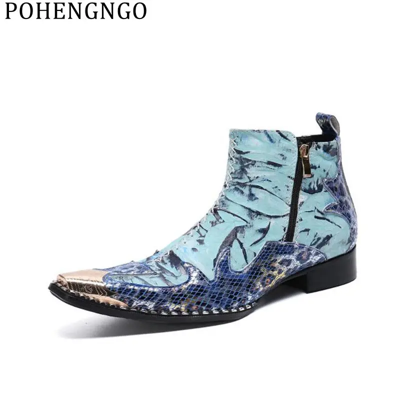 

2020 Luxury Style Men Ankle Boots Pointed Genuine Leather Motorcycle Cowboy Boots Snake Skin Printing Party Man Dress Boots