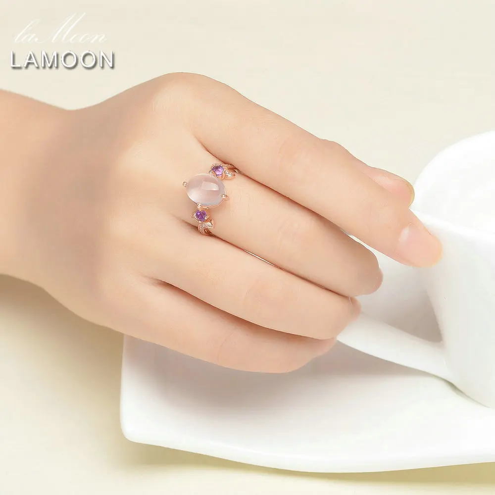 LAMOON Princess Pink Rings For Women 8x10mm 100% Natural Oval Rose Quartz Gemstone 925 Sterling Silver Fine Jewelry RI017