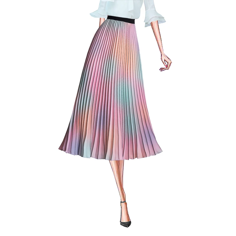

French romantic high-waisted pleated skirt tie-dyed gradient rainbow color printing A word in the long skirt fairy pendulum