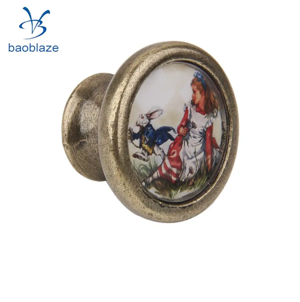 2 Pieces Vintage Retro Brass Round Cabinet Door Drawer Closet Dresser Pulls Handle Knobs with Screws Rabbit Girl + Birds Flower
