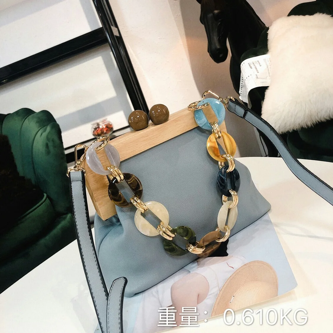 Летняя новая женская сумка с деревянным зажимом маленькая квадратная сумка через плечо с леопардовым принтом - Цвет: blue
