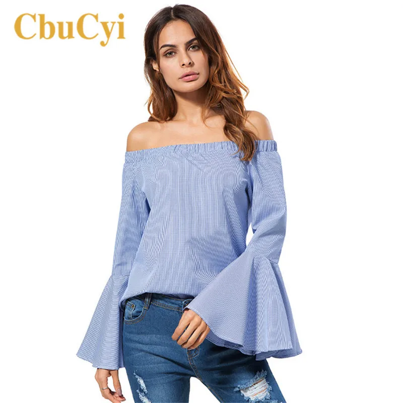 Off Shoulder Striped Blouses Women Summer Elegant Flare