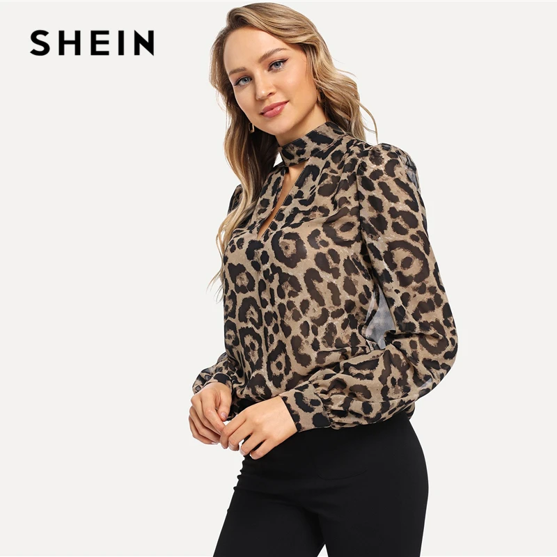 Женская офисная блузка SHEIN разноцветная с длинными рукавами и леопардовым