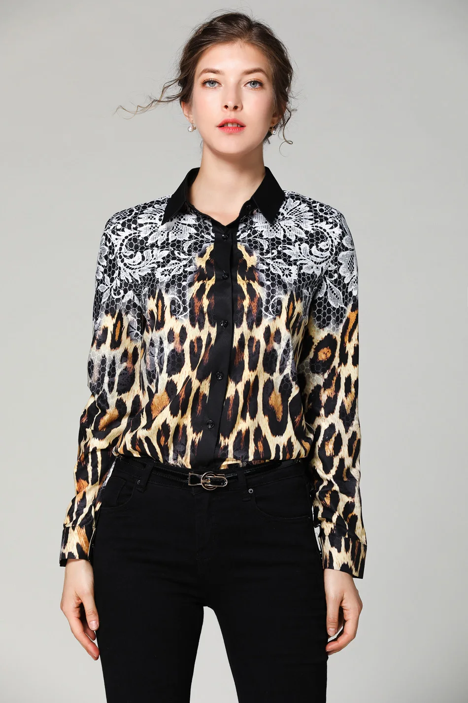 H Han queen Сексуальная леопардовая кружевная женская рубашка Весна Длинный рукав отложной воротник блузки Уличная одежда размера плюс женская блуза