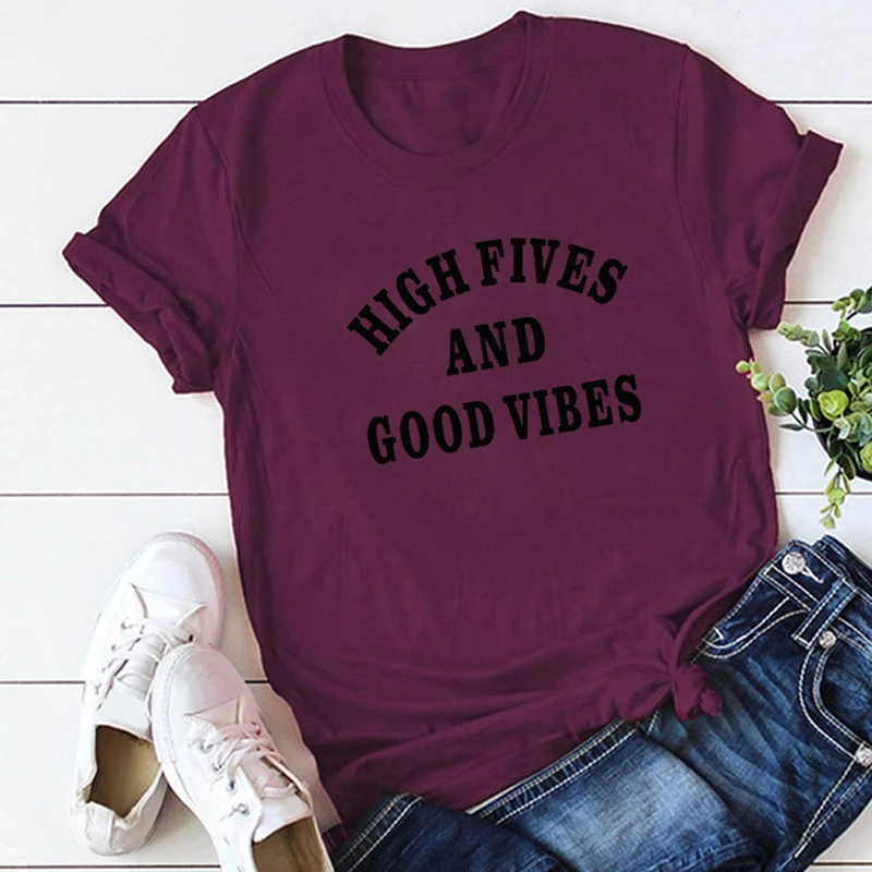 Футболки с надписью «High five and good vibes chirst faith Believe blessed», хлопок, футболки с круглым вырезом и коротким рукавом, милый забавный Топ, женская футболка - Цвет: Bourgogne