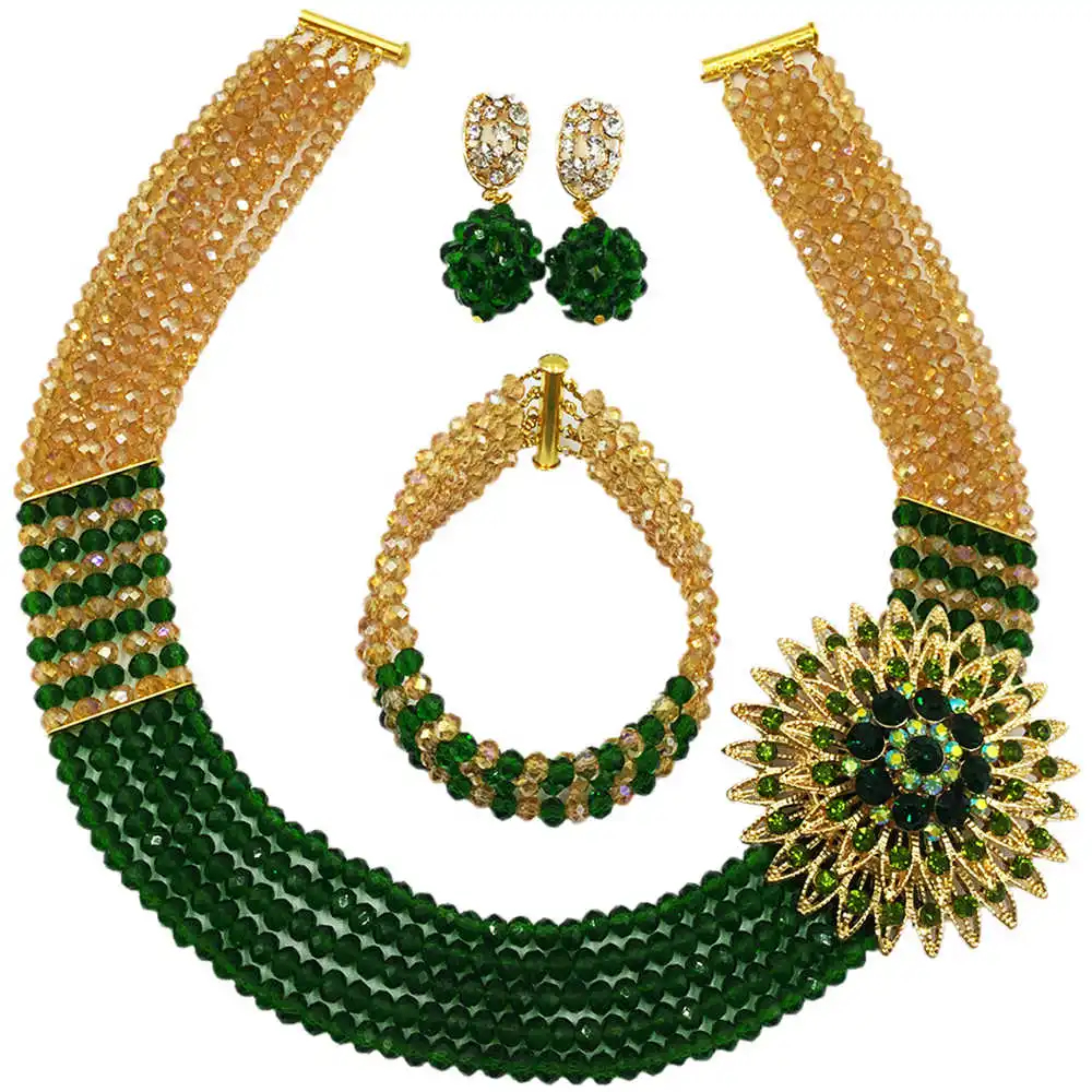 

Fashion Gold AB Dark Green Crystal Beaded Necklace Nigerian Wedding African Beads Jewelry Set for Women 5L-SXJB18