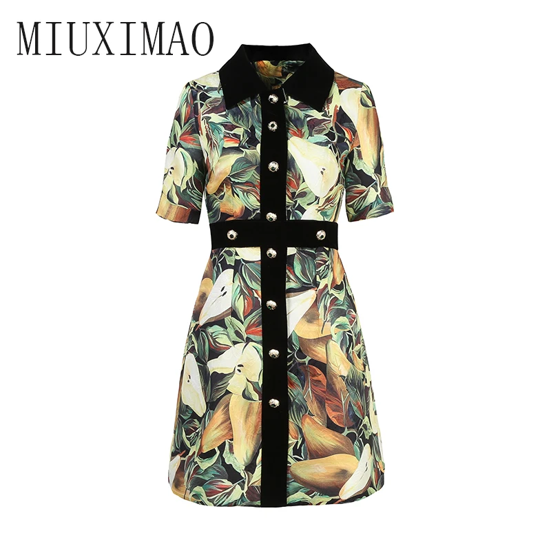 

2018 Autumn New Arrival Europe Fashion And Causual Turn-Down Collar Half Sleeve A-Line Button Pear Pattern Knee-Length Dress