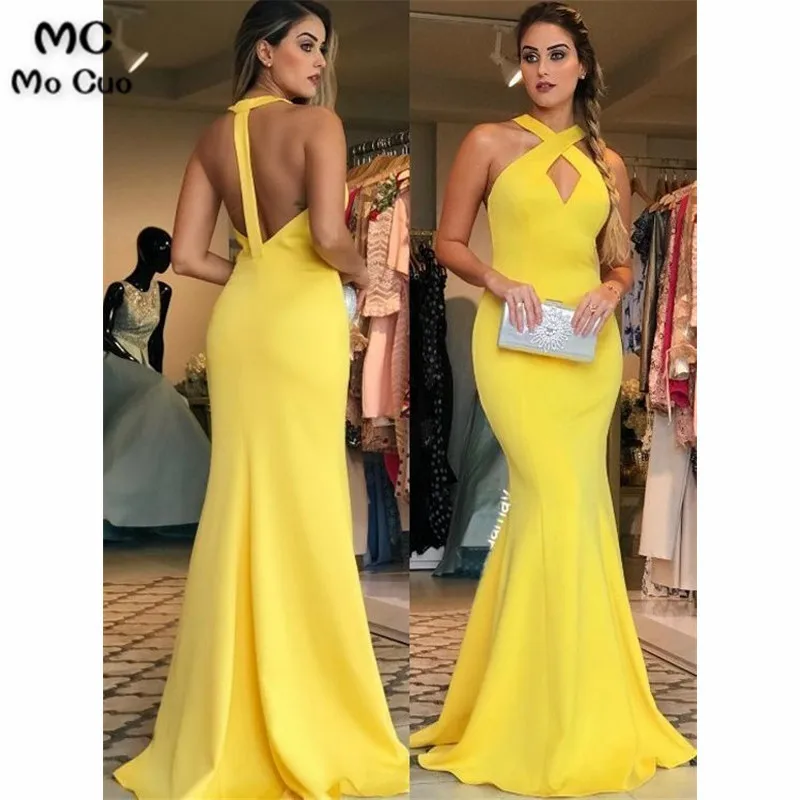 Halter V Neck Jersey Long Prom Dress Yellow Formal Evening Gown