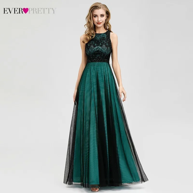 Elegant Dark Green Evening Dresses Long Ever Pretty EZ07965 A-Line Contrast Color Embroidery Lace Formal Dresses Robe De Soiree