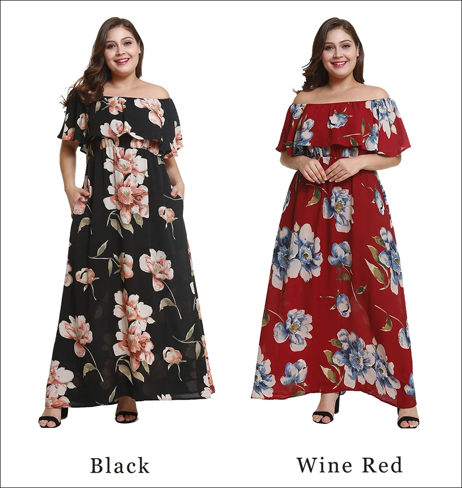 Gladiolus Sexy Off Shoulder Ruffles Women Slash Neck Floral Print Pocket Summer Maxi Dress Casual Plus Size Robe Femme Ete 2018 (9)