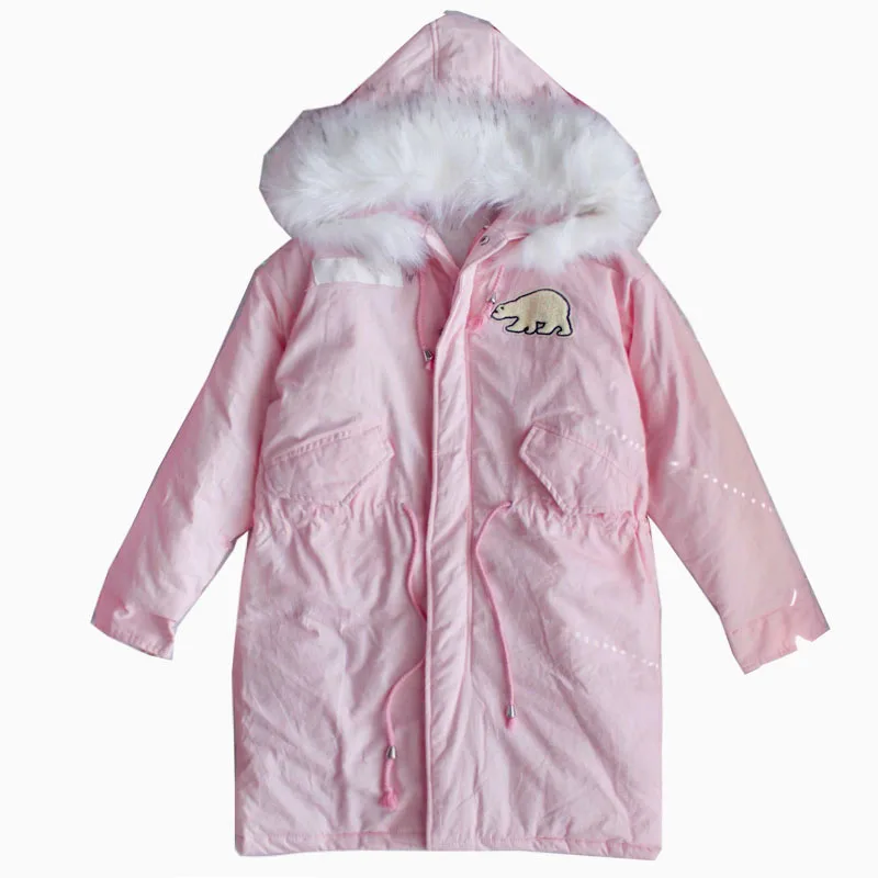 

New Design Women's Winter Long Jacket Black Jacket Polar Bear Embroidery Female Models Fur Collar Thick Warm Cotton Clothing