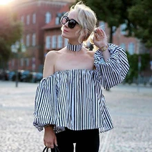 Striped Cold Shoulder Blouse Shirt Women Halter Long Sleeve Lantern Loose Female Blouse Fashion Hot Vintage Linen Clothing Shirt cold shoulder lace up striped blouse