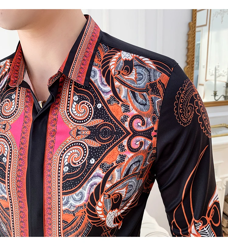 Корейские модные новые Клубные рубашки Camisa с принтом, мужские повседневные Атласные Рубашки, дизайнерская мужская футболка с цветами