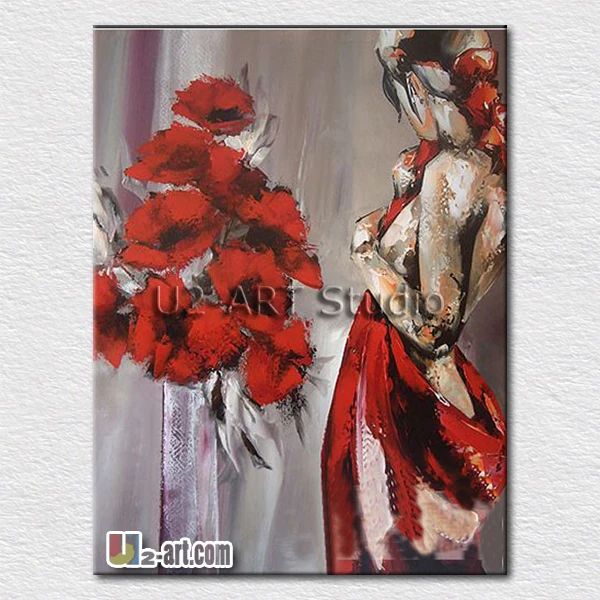 

Red flowers and dancer girl oil painting modern bedroom wall decoration canvas pictures best gift for friends