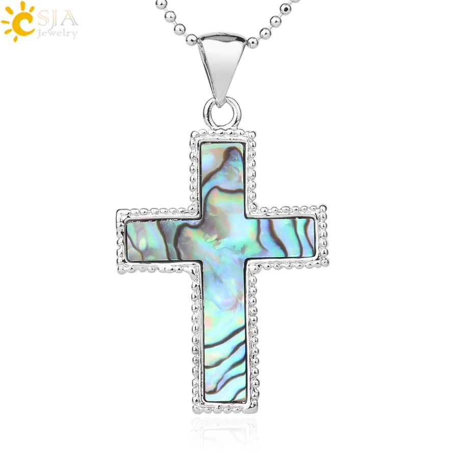 

CSJA Natural Abalone Paua Shell Pendant Cross Seashell Necklace Iridescent Religious Protection Rainbow Jewelry for Men Boy F913
