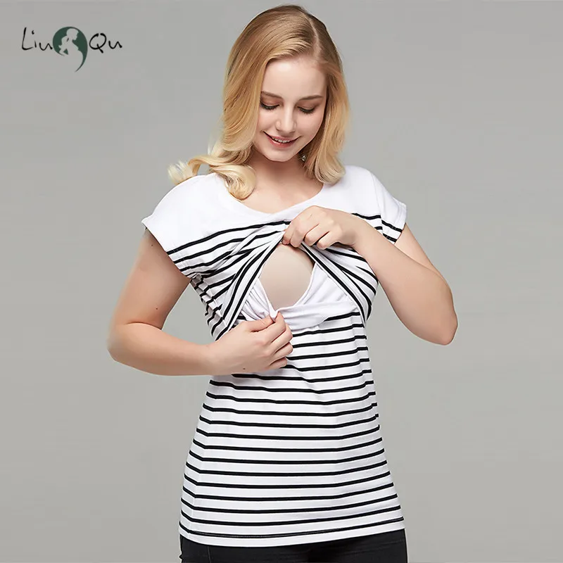 Womens Clothing Breastfeeding Clothes Maternity Blouses Top Short Sleeve Striped Pregnant Nursing Casual Pregnancy T-Shirt