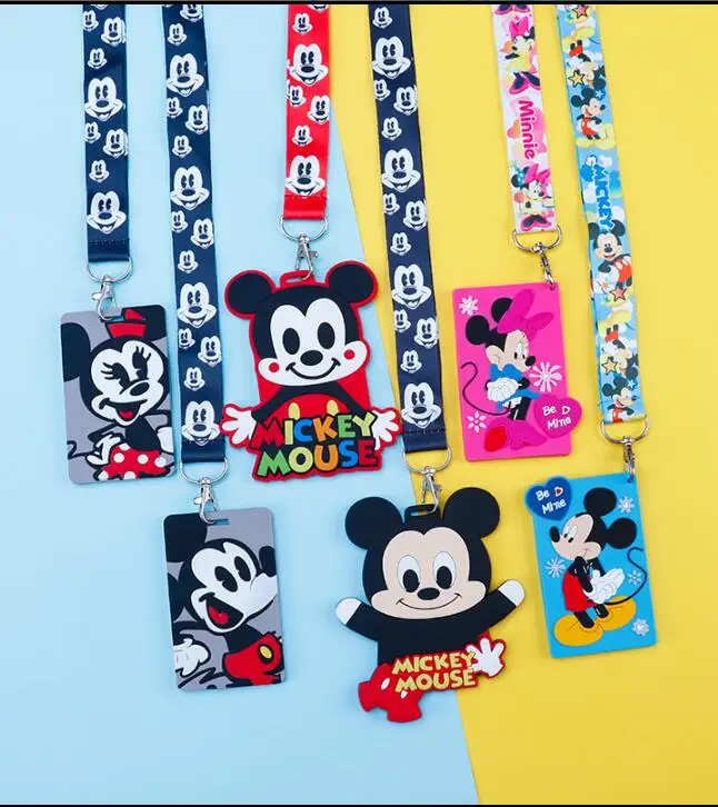 

Retail New 1pcs mickey ninnie pvc Named Card Holder Identity Badge with Lanyard Neck Strap Card Bus ID Holders With Key Chain