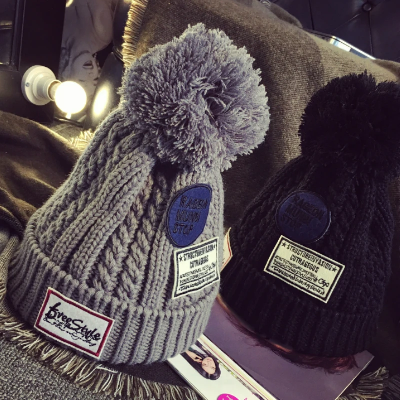 

Clearance-Sale Autumn Winter Fashion Women Casual Simple Warm Red Skullies Beanies with Ball Patchwork Thick Knitting Hats Caps