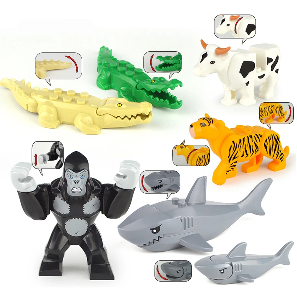 

7pcs/set New Legoing Animal Model Leopard Orang Tiger Cow Crocodile Shark Bricks Building Blocks Set Toys For Children Gift