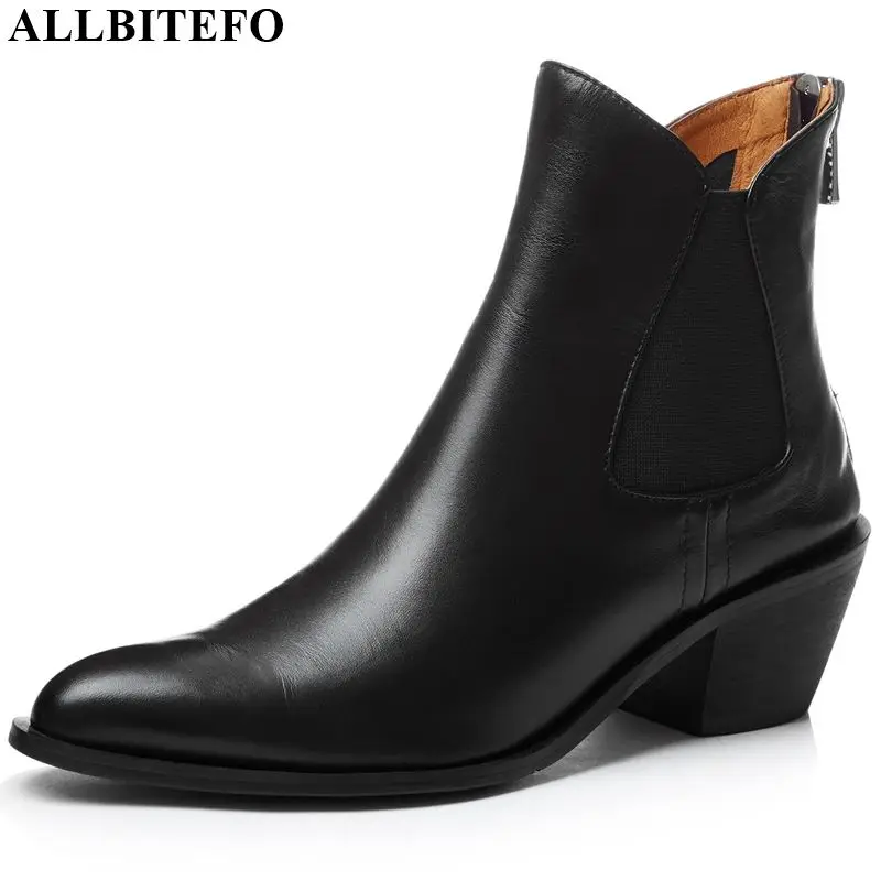 

ALLBITEFO natural genuine leather women boots leisure fashion comfortable pointed toe ankle boots Knight boots Autumn Winter