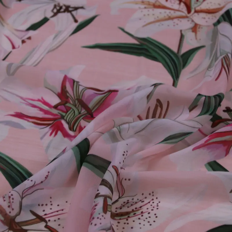 

pink flower print silk chiffon fabric,soft chiffon thin fabric for dress, long beach dress chiffon clothing tissu au metre