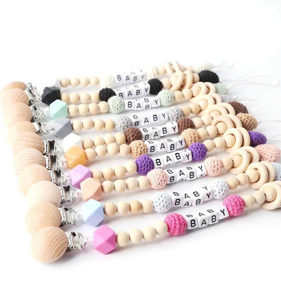 

1PC Personalized Baby Gifts Silicone Beads Binky Clip Custom Pacifier Holder Baby Name Chain Wooden Teether Baby Pacifier Clip