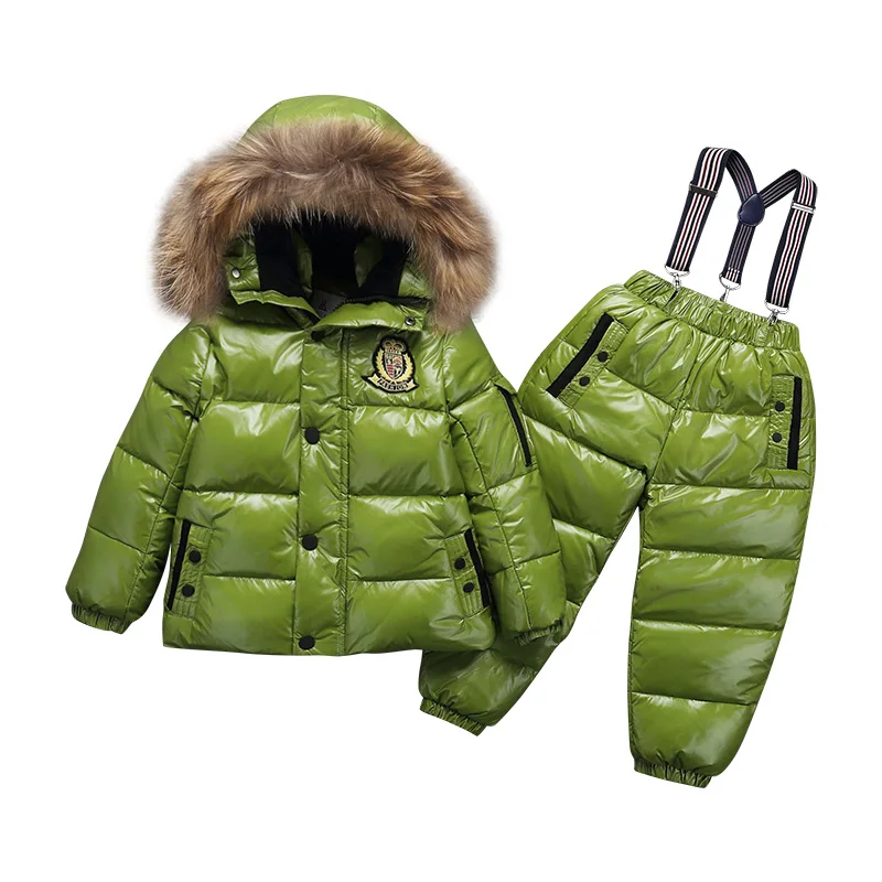 Girls Boy Snowwear Kids Winter Jumpsuit Windproof Waterproof Warm Duck Down Jacket Pants Snowboarding Children Clothing Set Suit - Цвет: Зеленый